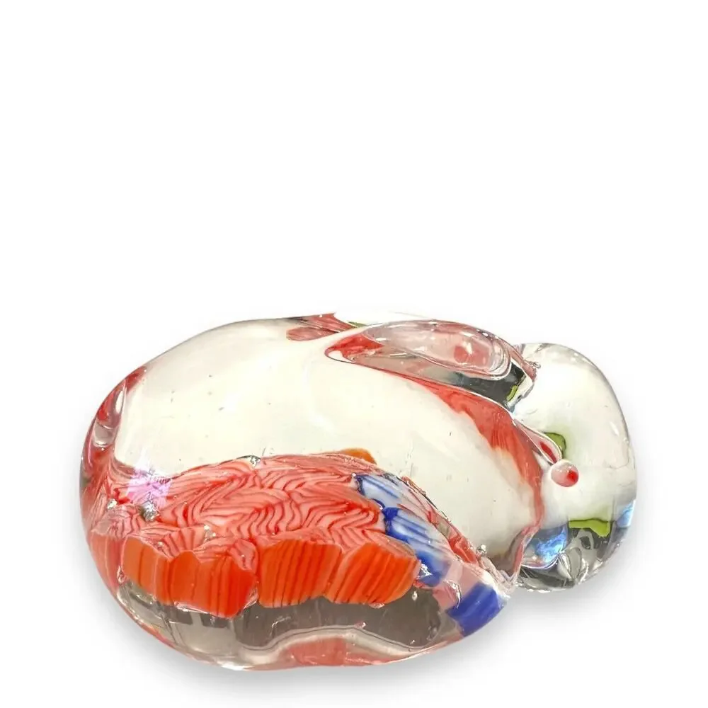 Art Glass Rabbit Paperweight Bunny Hand Blown Millefiori Clear Red White Blue